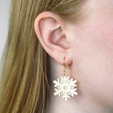 White Snowflake Drop Earrings - Gold