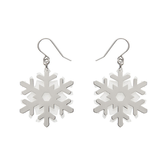 White Snowflake Drop Earrings - Silver