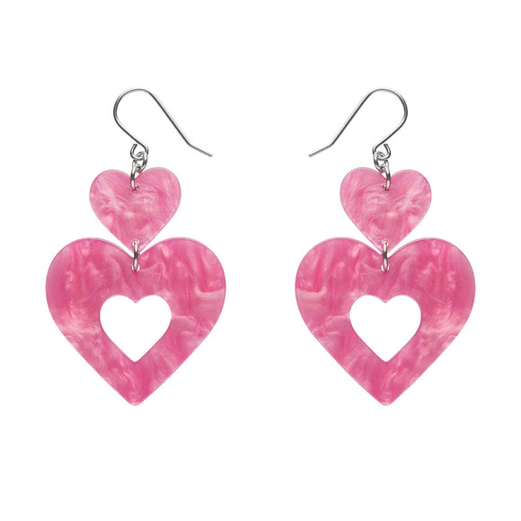 Double Heart Ripple Drop Earrings - Pink