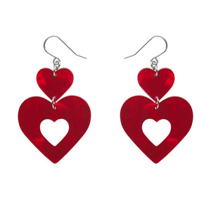 Double Heart Ripple Drop Earrings - Red