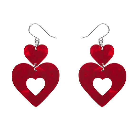 Double Heart Ripple Drop Earrings - Red