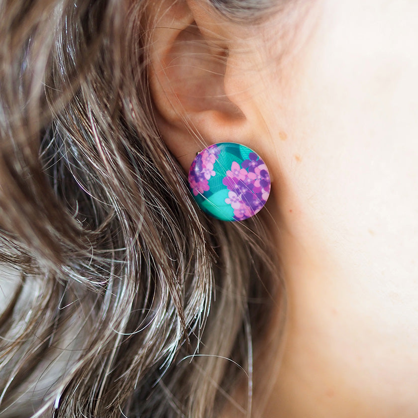 Hydrangea Rounded Stud Earrings - Purple
