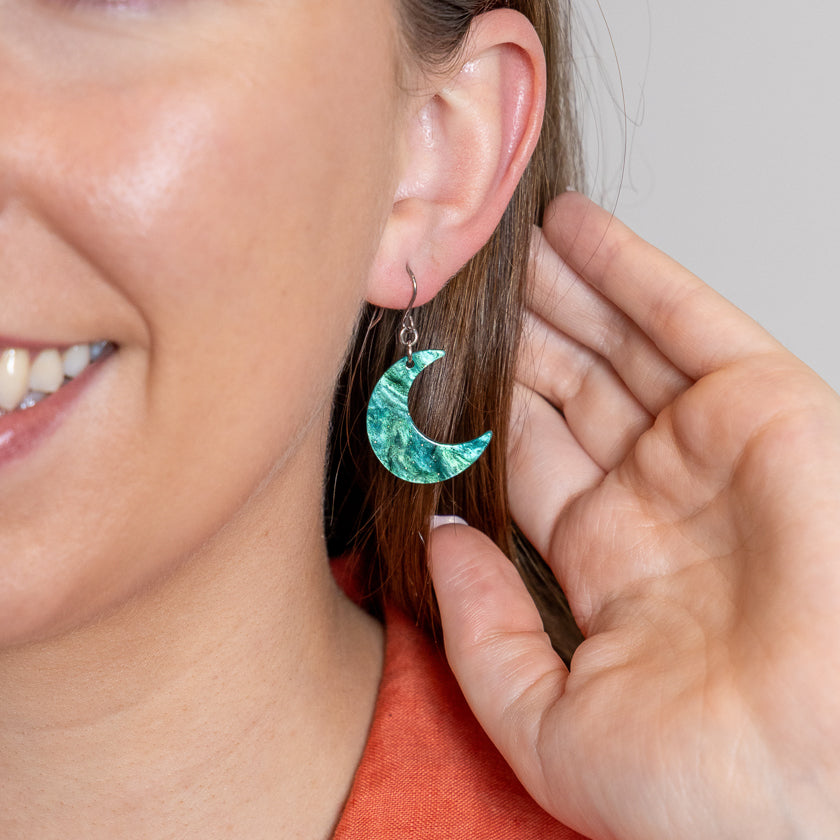 Cresent Moon Drop Earrings - Green