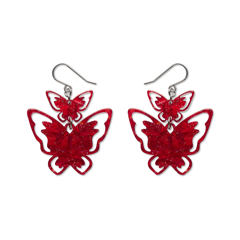 Double Butterfly Drop Earrings - Red