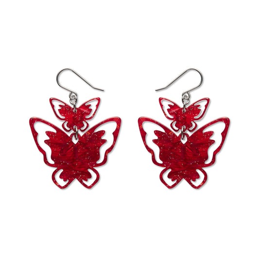 Double Butterfly Drop Earrings - Red