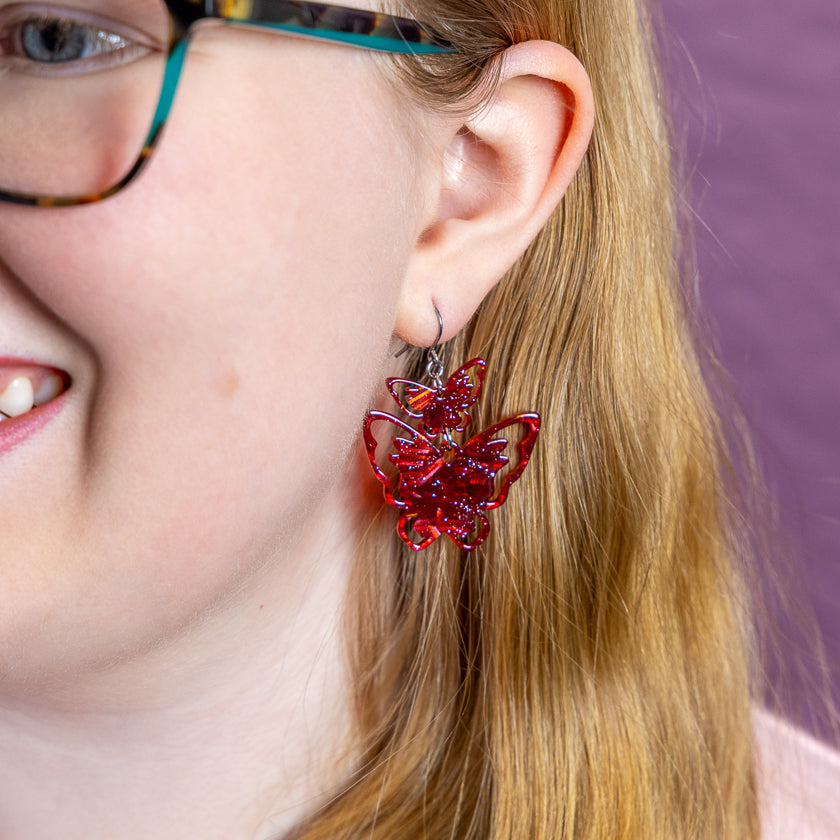 Double Butterfly Drop Earrings - Red
