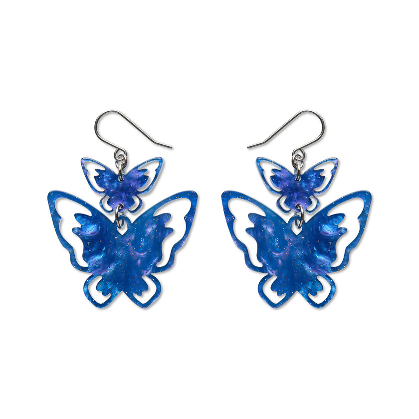 Double Butterfly Drop Earrings - Blue