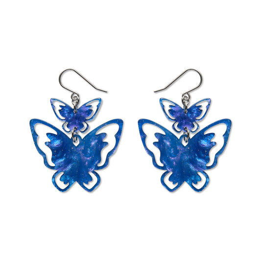 Double Butterfly Drop Earrings - Blue