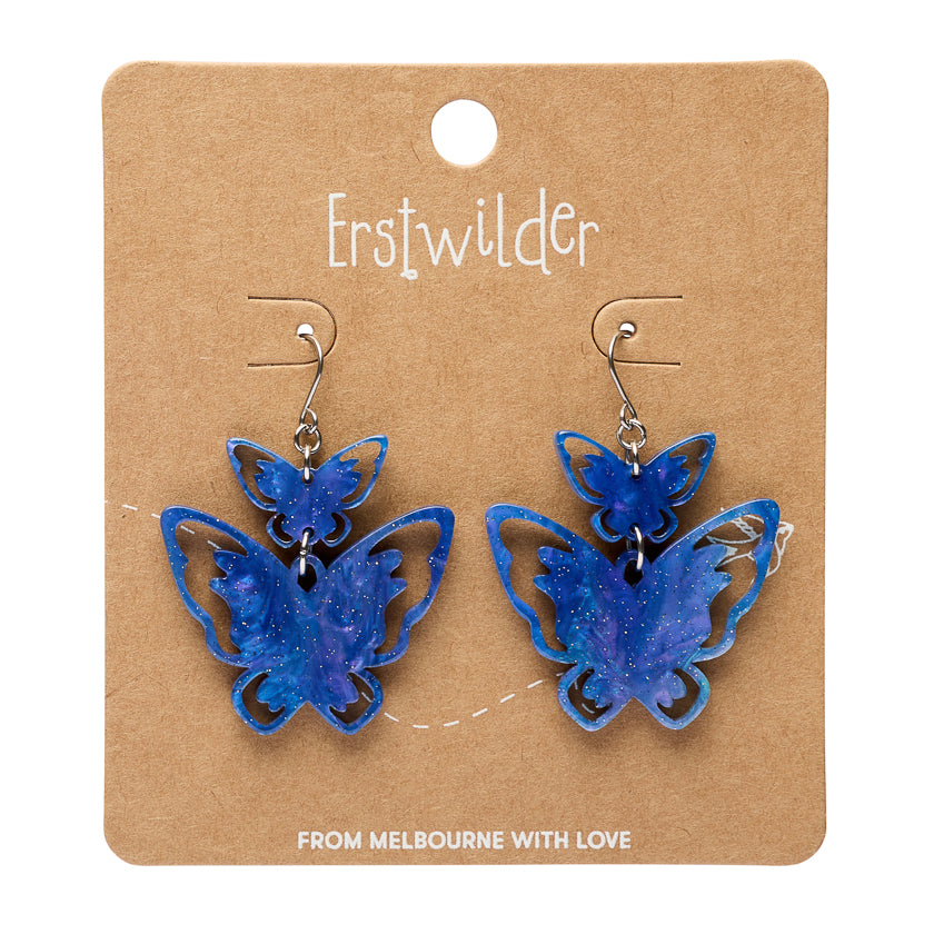 Double Butterfly Drop Earrings - Blue