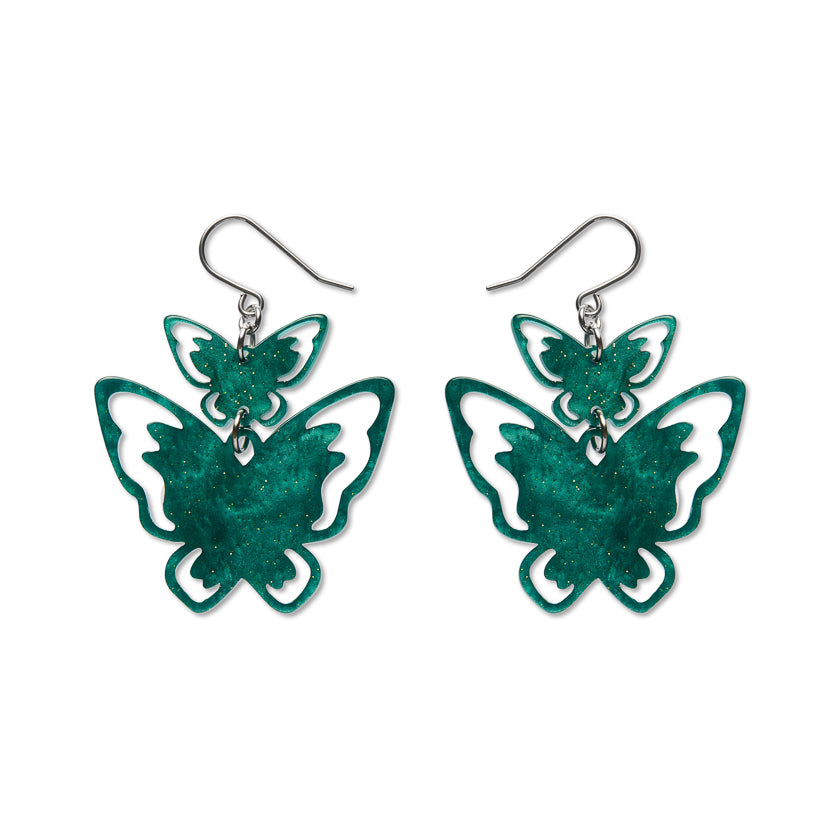 Double Butterfly Drop Earrings - Green