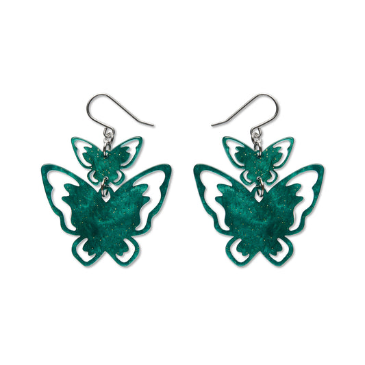 Double Butterfly Drop Earrings - Green