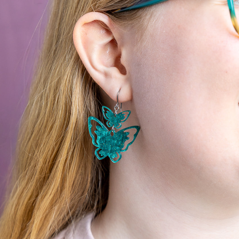 Double Butterfly Drop Earrings - Green