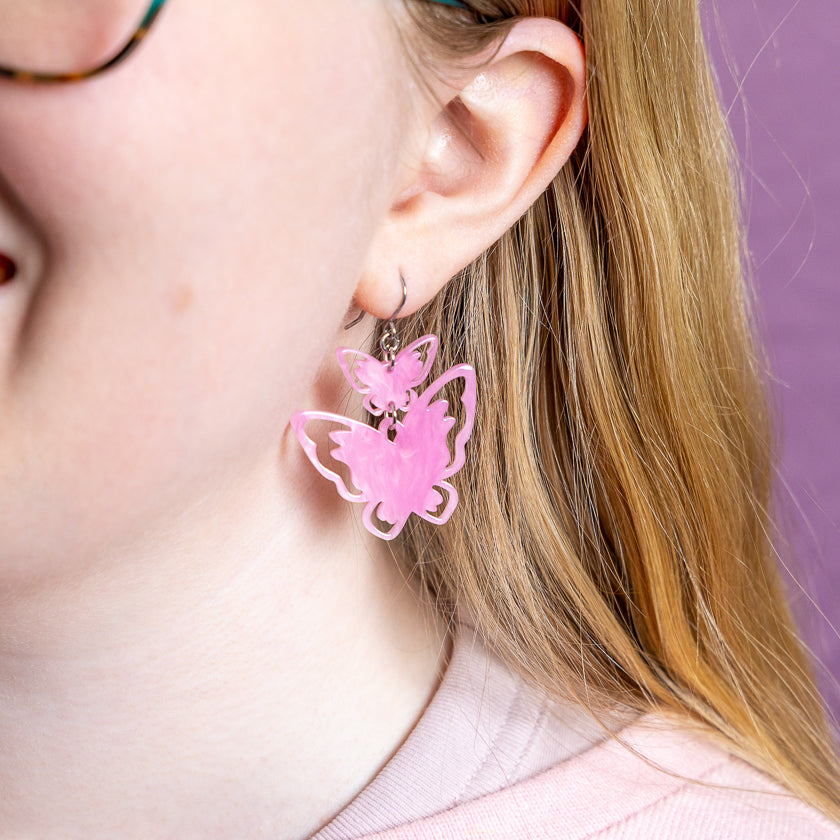 Double Butterfly Drop Earrings - Pink