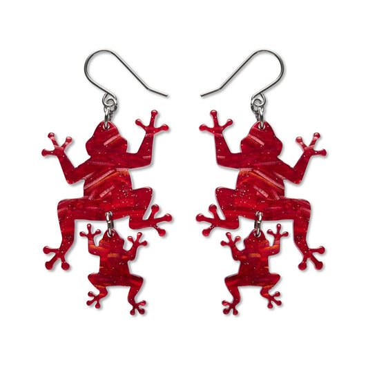 Double Frog Drop Earrings - Red