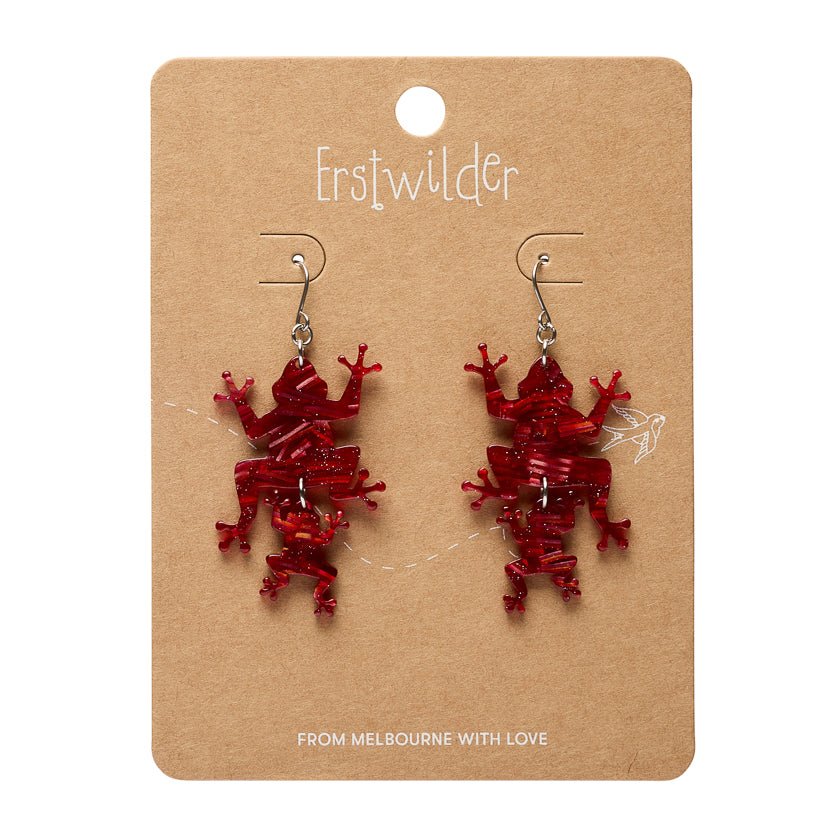 Double Frog Drop Earrings - Red