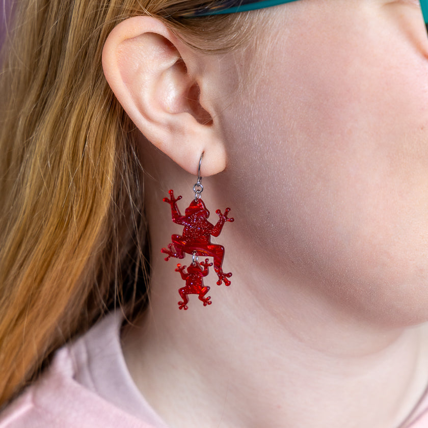 Double Frog Drop Earrings - Red
