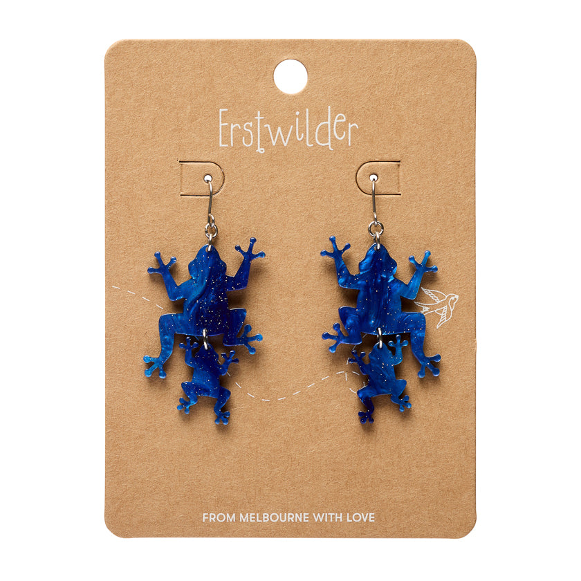 Double Frog Drop Earrings - Blue