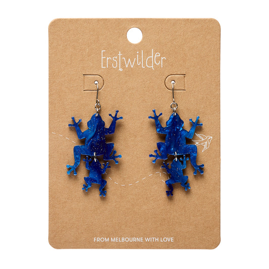 Double Frog Drop Earrings - Blue