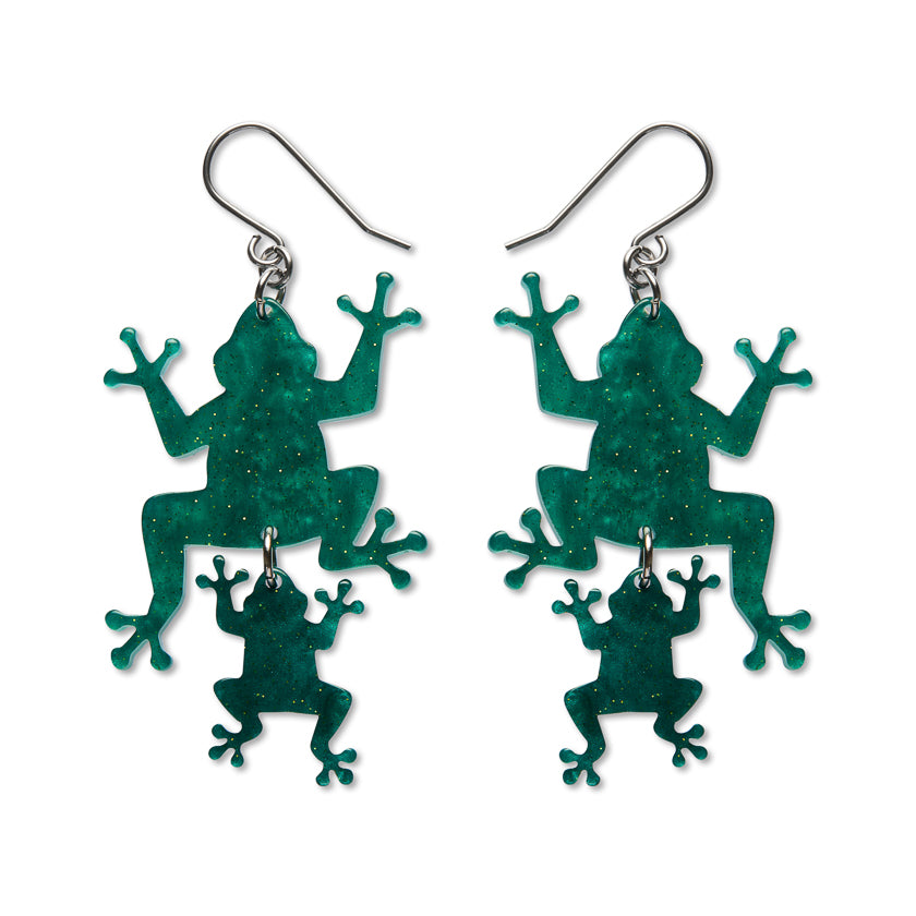 Double Frog Drop Earrings - Green