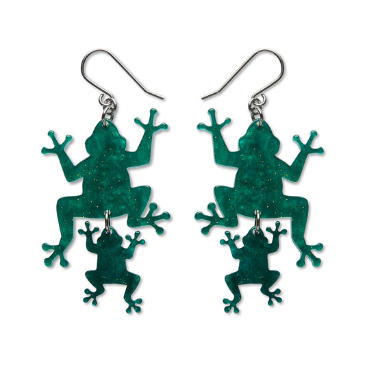 Double Frog Drop Earrings - Green