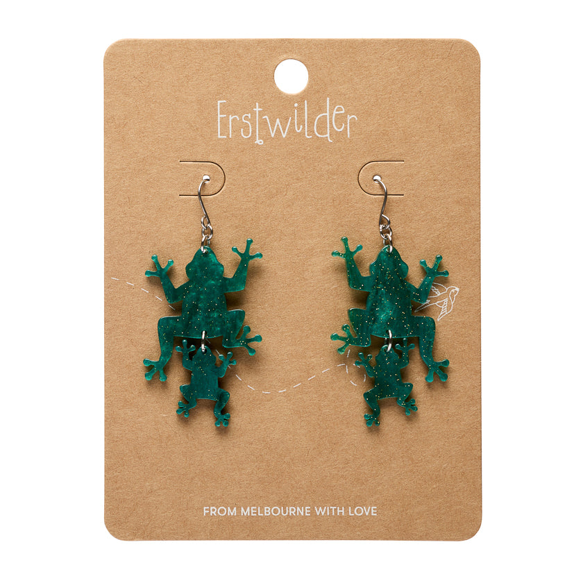 Double Frog Drop Earrings - Green