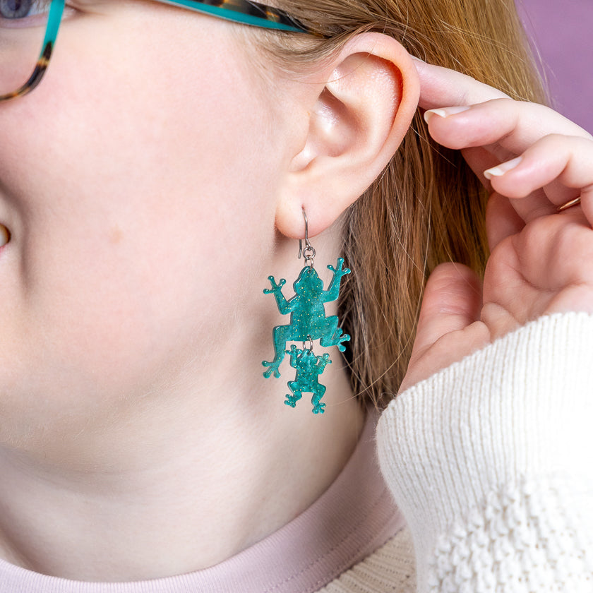 Double Frog Drop Earrings - Green