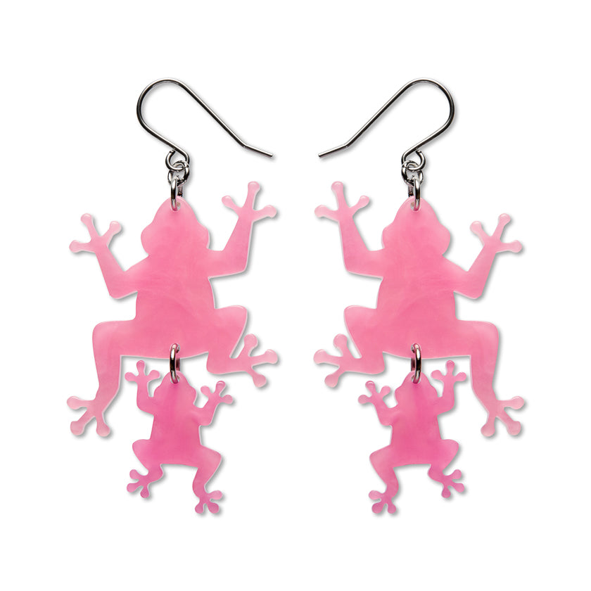 Double Frog Drop Earrings - Pink