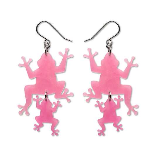 Double Frog Drop Earrings - Pink