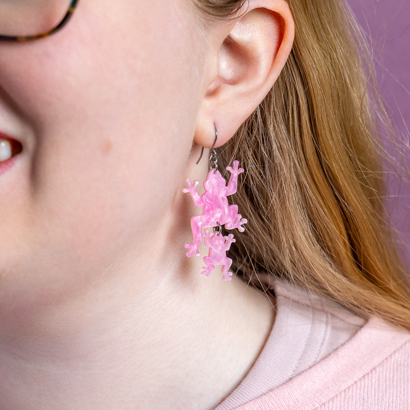 Double Frog Drop Earrings - Pink