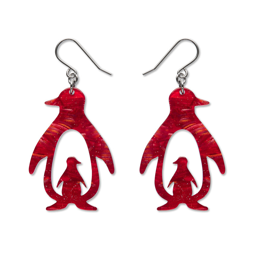 Double Penguin Drop Earrings - Red
