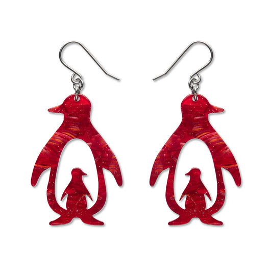 Double Penguin Drop Earrings - Red