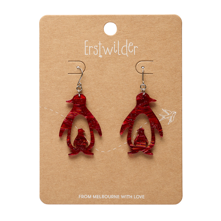 Double Penguin Drop Earrings - Red