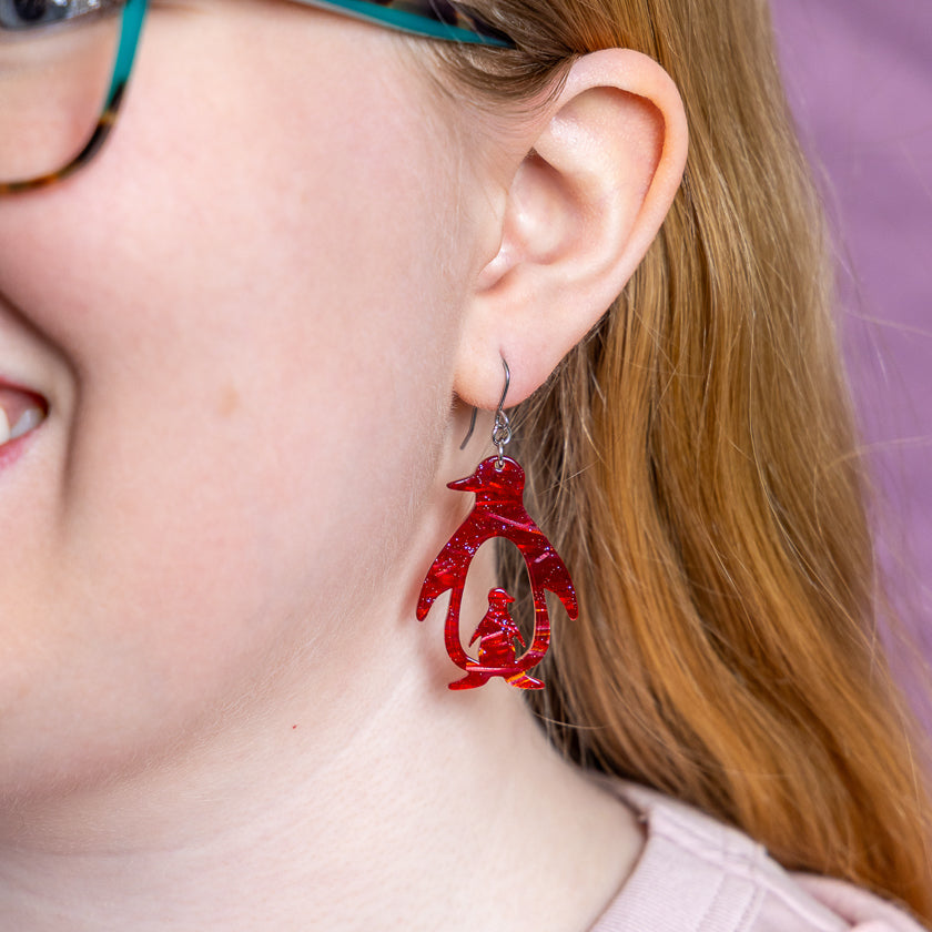 Double Penguin Drop Earrings - Red
