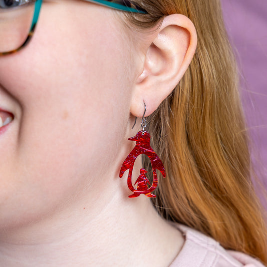 Double Penguin Drop Earrings - Red