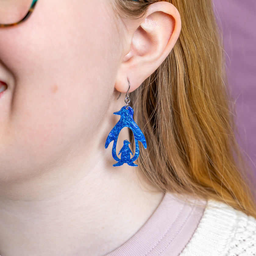 Double Penguin Drop Earrings - Blue
