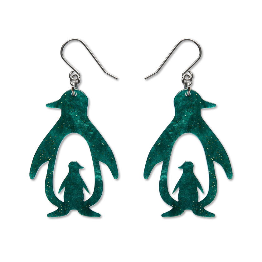 Double Penguin Drop Earrings - Green