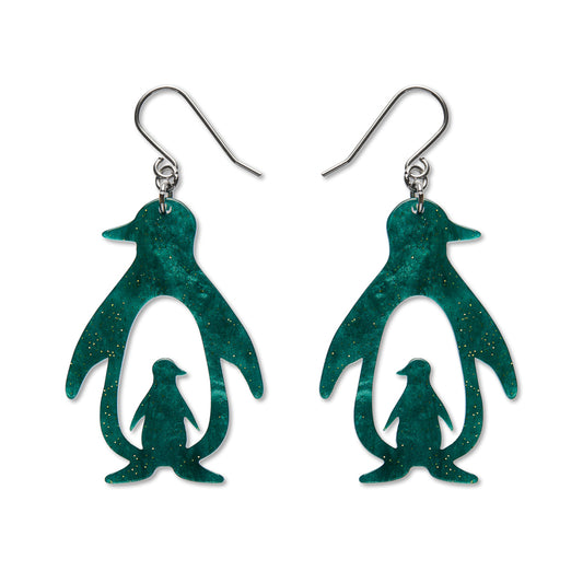Double Penguin Drop Earrings - Green