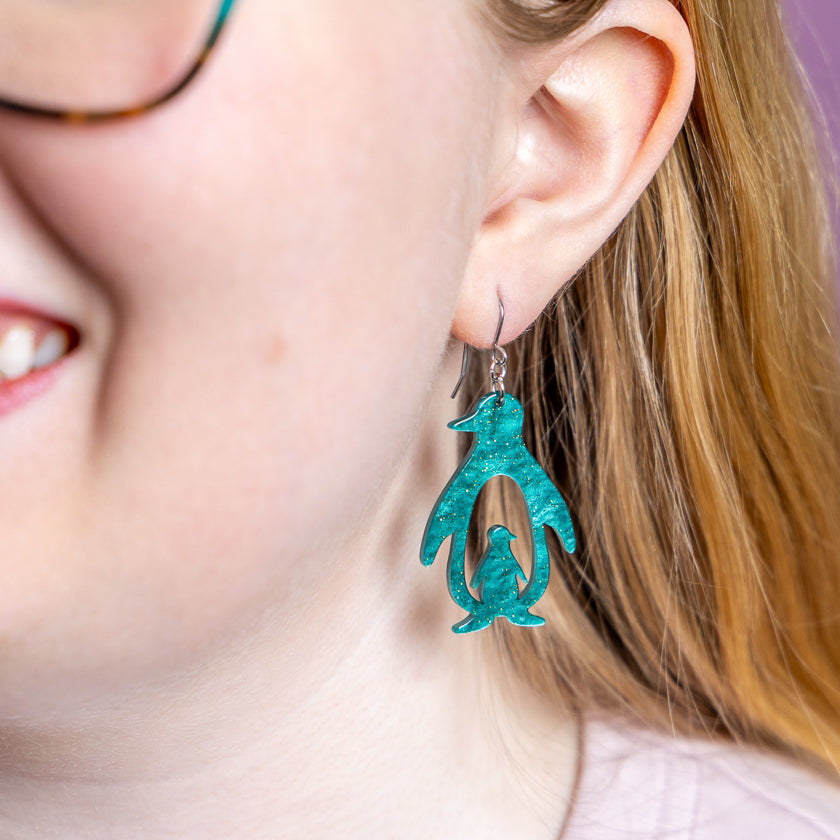 Double Penguin Drop Earrings - Green
