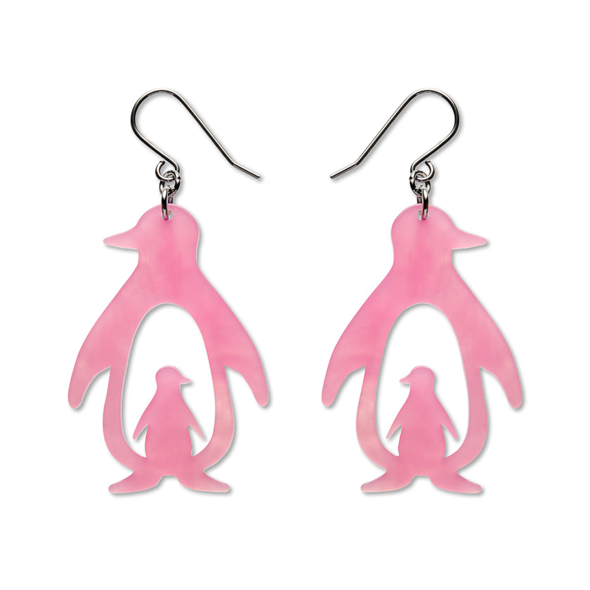 Double Penguin Drop Earrings - Pink