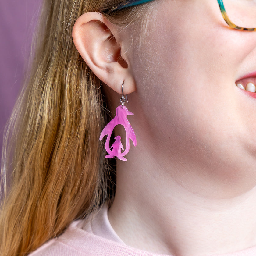 Double Penguin Drop Earrings - Pink