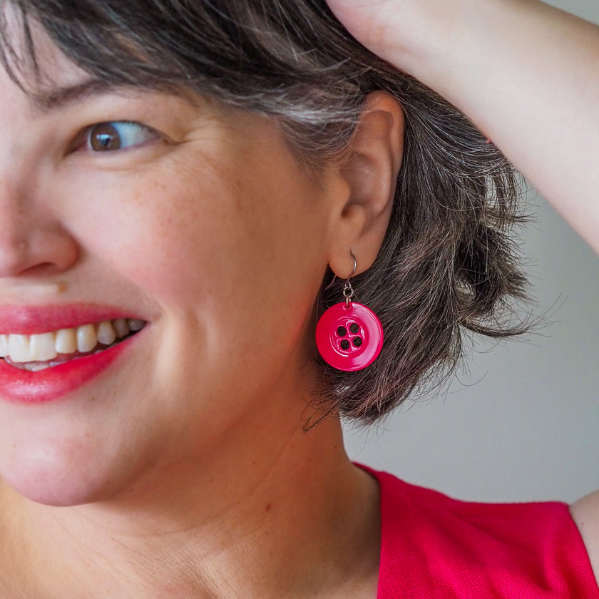 Button Drop Earrings - Pink