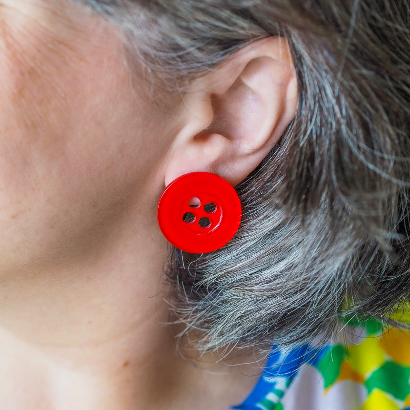 Button Stud Earrings - Red