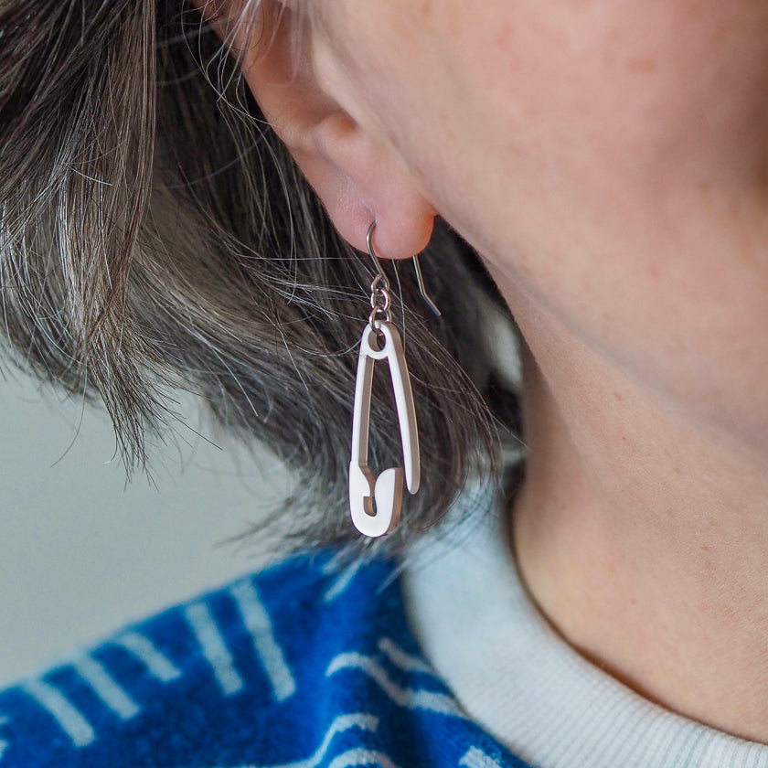 Safety Pin Drop Earrings - Silver