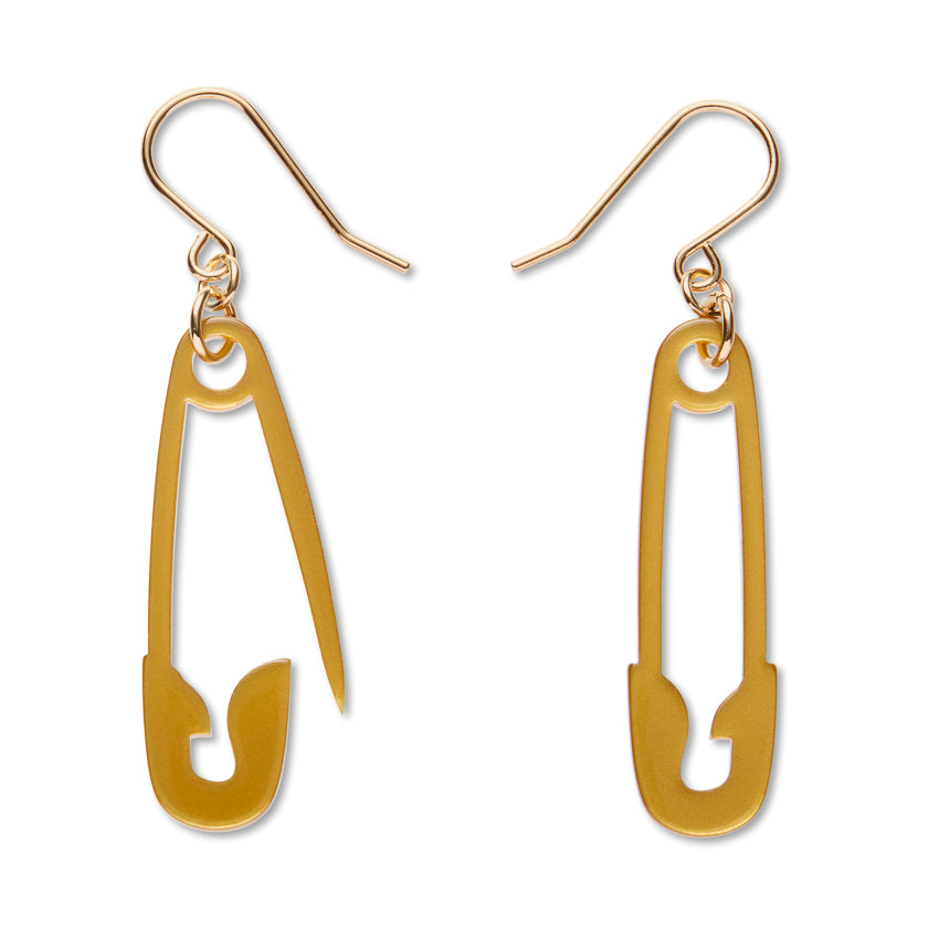 Safety Pin Drop Earrings - Gold