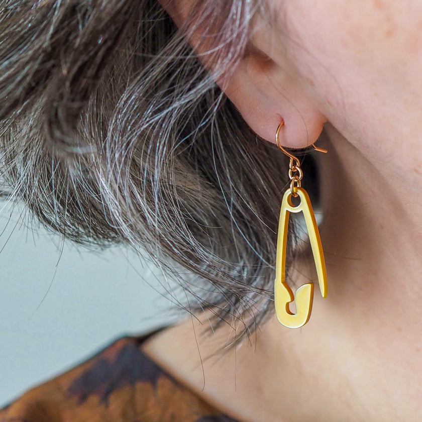 Safety Pin Drop Earrings - Gold