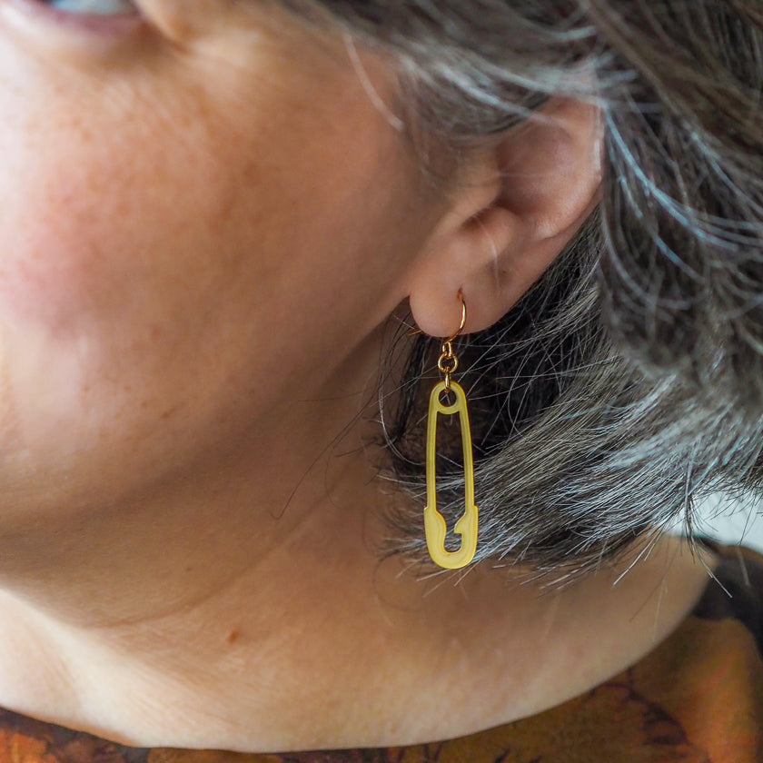 Safety Pin Drop Earrings - Gold