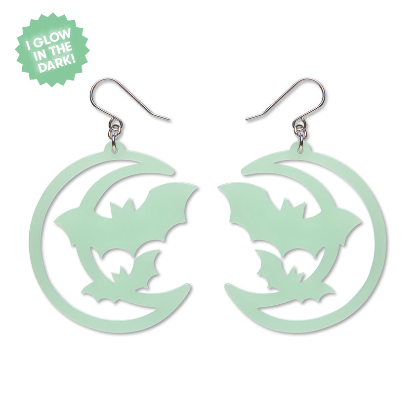 Moon & Bats Drop Earrings - Glow in the Dark