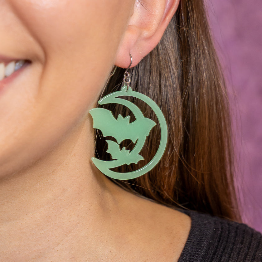 Moon & Bats Drop Earrings - Glow in the Dark