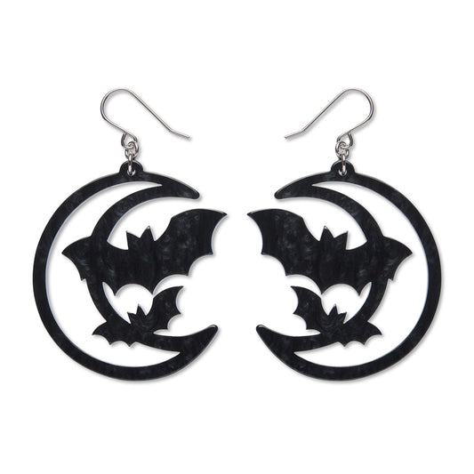 Moon & Bats Drop Earrings - Black