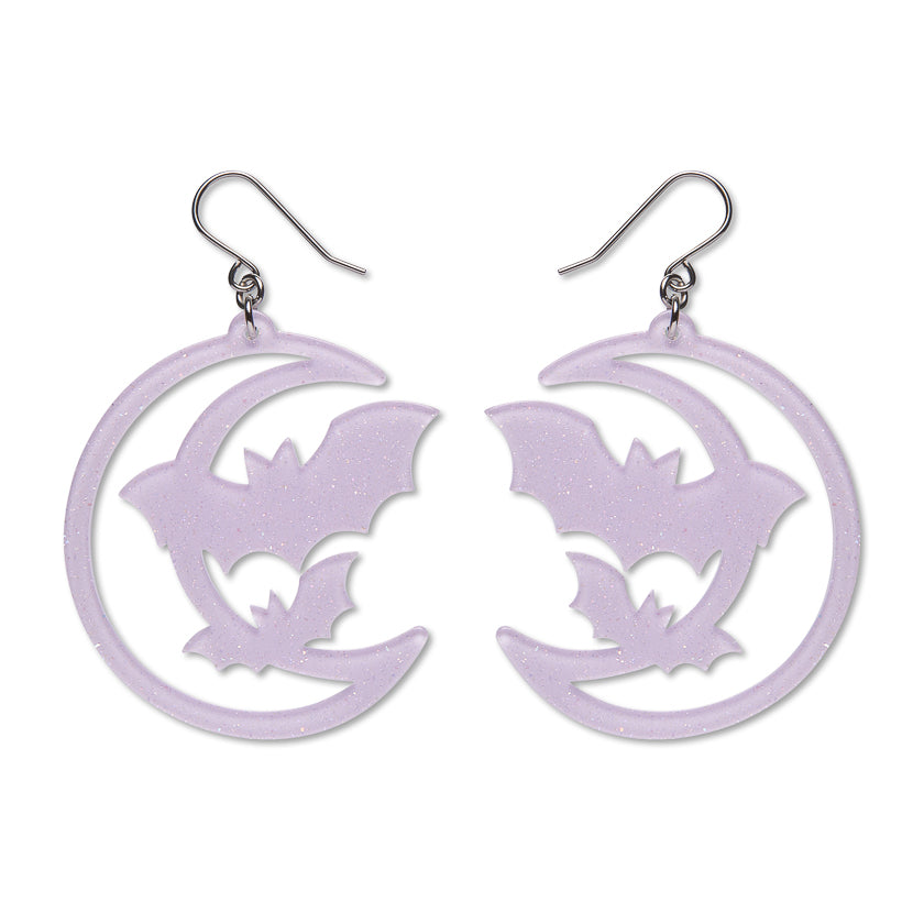 Moon & Bats Drop Earrings - Purple